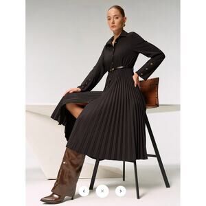 Commense Metal Button Belted Pleated Shirt Dress Sz S